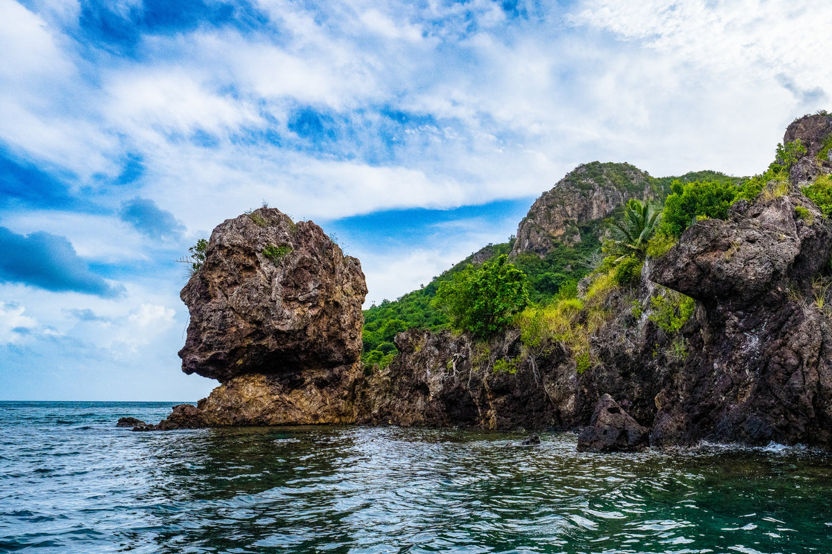 Morgan's Head rock formation on Santa Catalina island, seen from the sea.