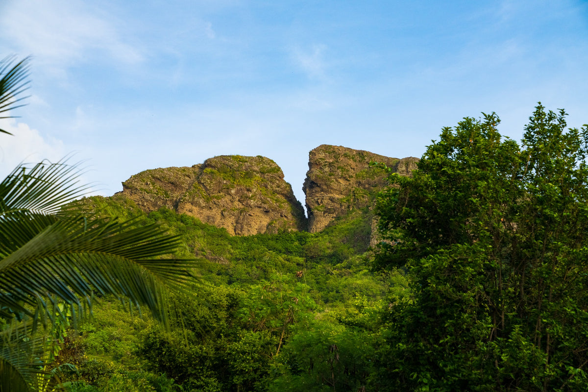 A cleft in a rocky ridge rises above dense tropical vegetation.