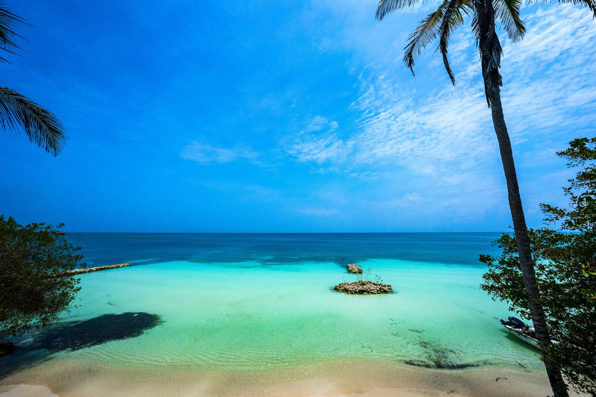 Clear turquoise shallows and a tranquil blue horizon framed by palms on Tintipan.