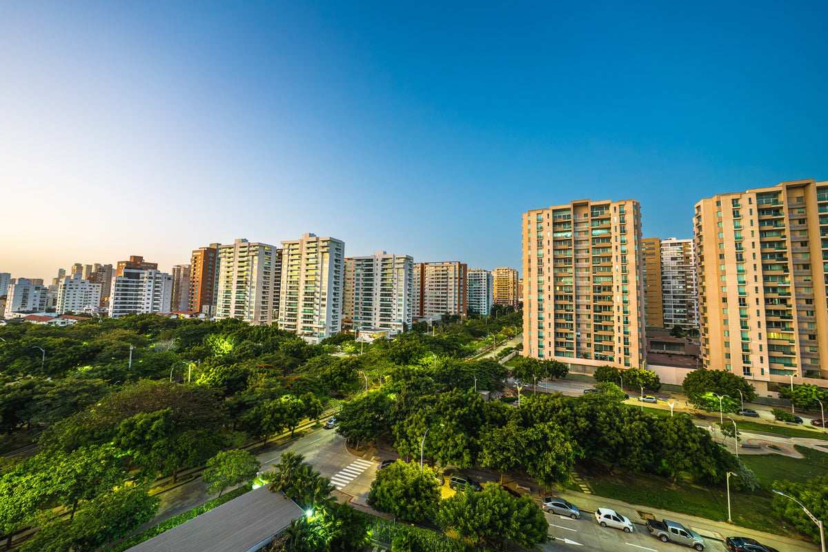 Sunlit apartment towers rise above green trees and streets in Barranquilla.