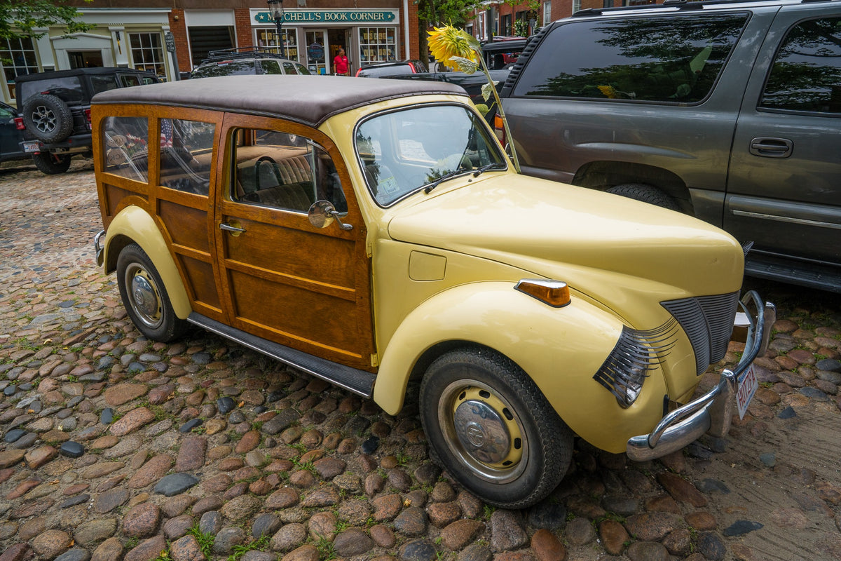 Polished wood, butter-yellow paint and a single sunflower lend a cobblestone street an unexpected smile.